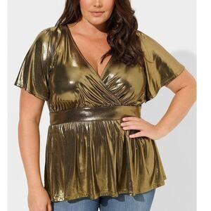 Torrid Liquid Shine Surplice Peplum Top Gold Plus 1X NEW